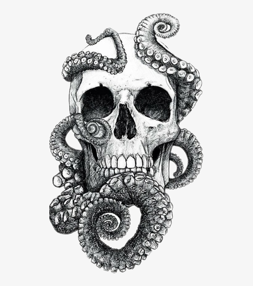 Blackandwhite Skull Tentacles Tattoo Tattooart Skulls - Skull And Octopus Tattoo, transparent png
