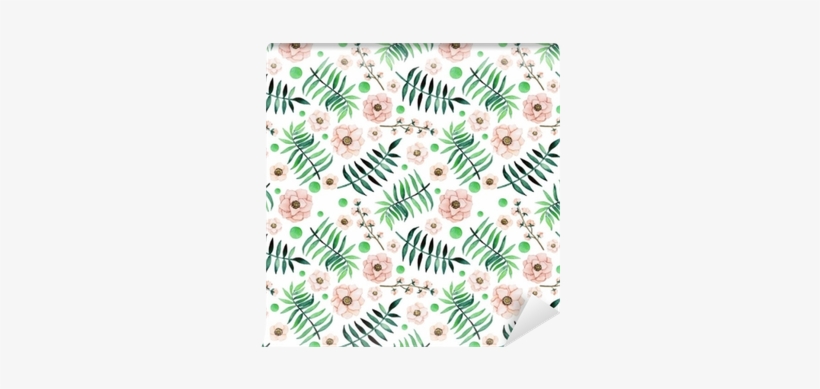 Watercolor Green Dots, Ferns And Light Flowers Wall - Watercolor Painting, transparent png