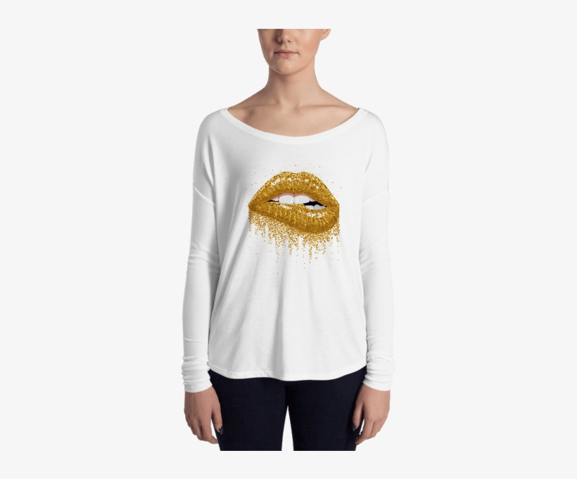 Ladies' Glitter Gold Sparkles Lips Long Sleeve Tee - Long-sleeved T-shirt, transparent png