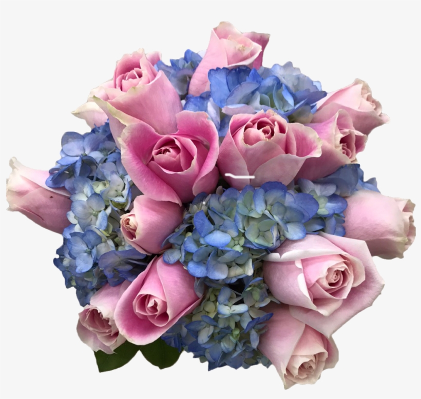 1 Bridal Bouquet With 8 Pink Roses And 5 Blue Hydrangeas - Garden Roses, transparent png