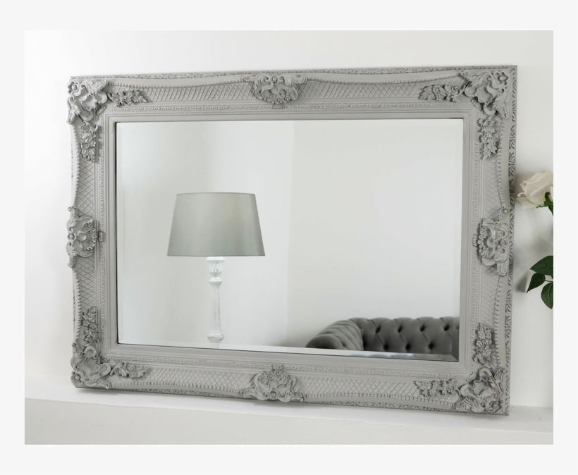 Grey Ornate Rectangular Mirror 38" X 28" - Grey Framed Mirror, transparent png