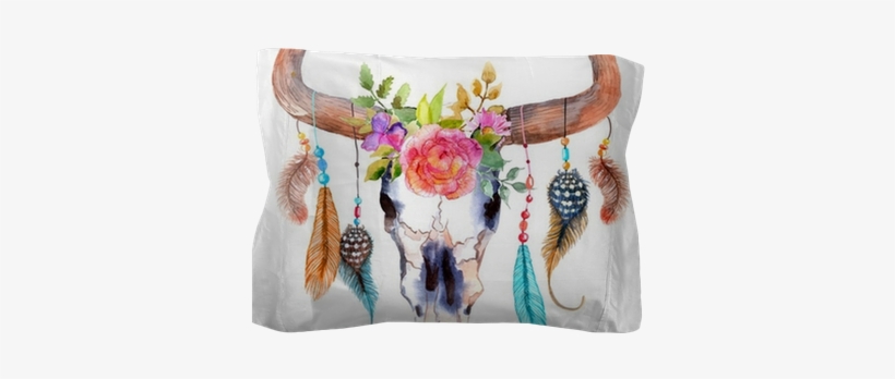 Watercolor Bull Skull With Flowers And Feathers Pillow - Boho Bull Skull Png, transparent png