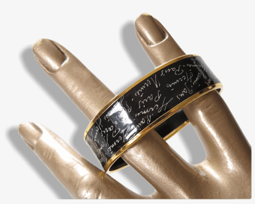 Hermes Black/white Enamel Gold Trim Ecriture Wide Bangle - Ring, transparent png