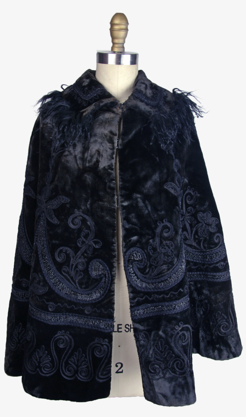 Victorian Black Plush Cape Beaded With Fur Trim On - Overcoat, transparent png