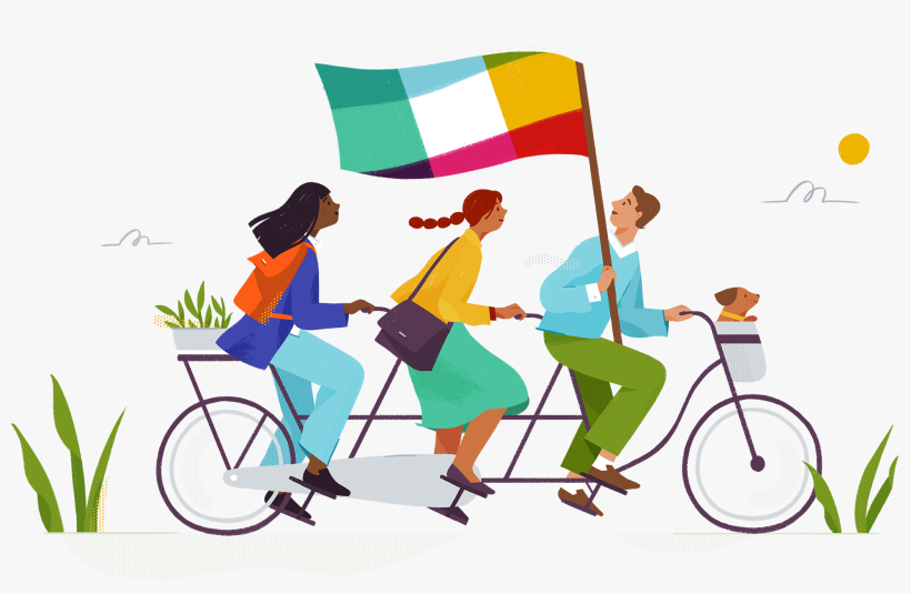 Illustration Of Three People Riding On A Tandem Bicycle - Slack Illustration Alice Lee, transparent png