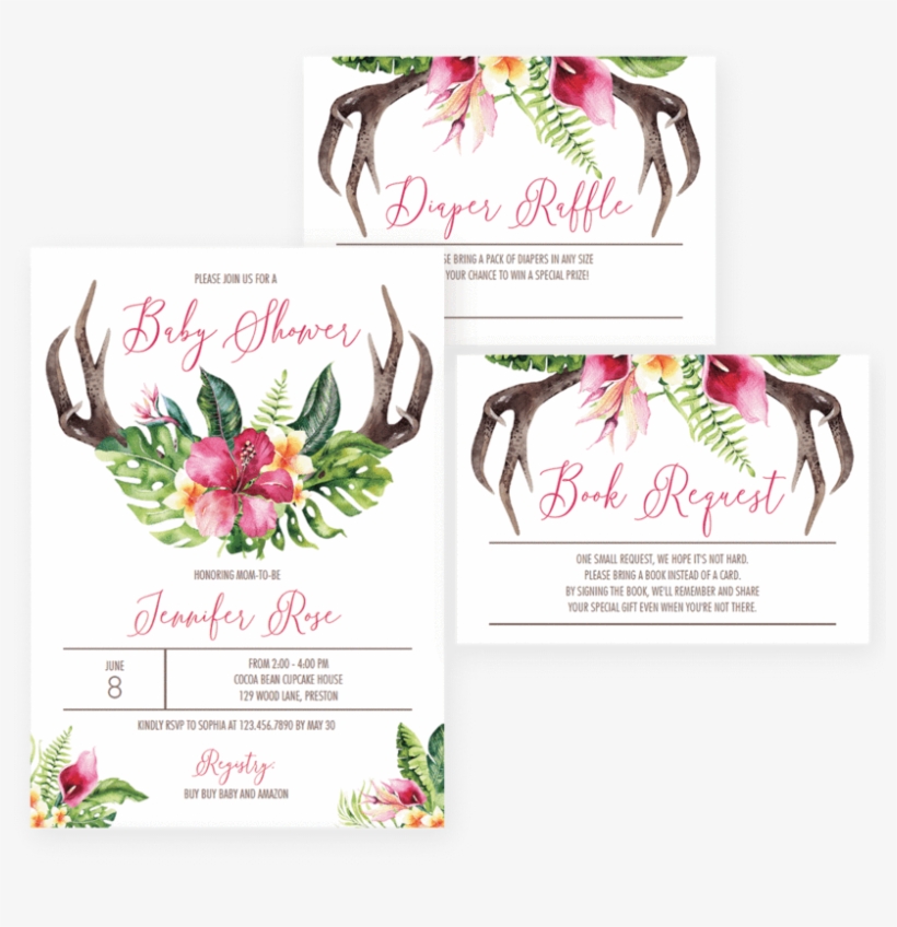 Floral Antler Baby Shower Invitation Set Download By - Bohemian Invitation Template, transparent png
