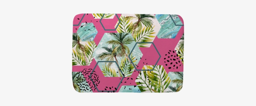 Watercolor Tropical Leaves And Palm Trees In Geometric - Watercolor Painting, transparent png