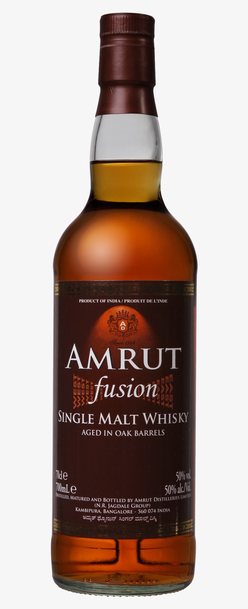 Amrut Fusion Indian Whisky 700ml - Amrut Single Malt Whiskey Fusion, transparent png