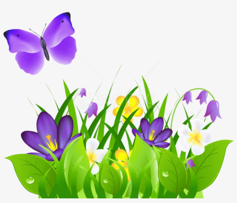 Free Png Download Purple Flowers Grass And Butterflypicture - Butterfly With Flowers Clipart, transparent png