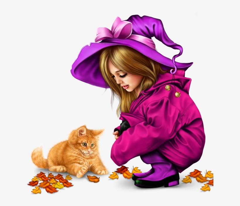 Little Girl In Raincoat With A Kitty Png - Clip Art, transparent png