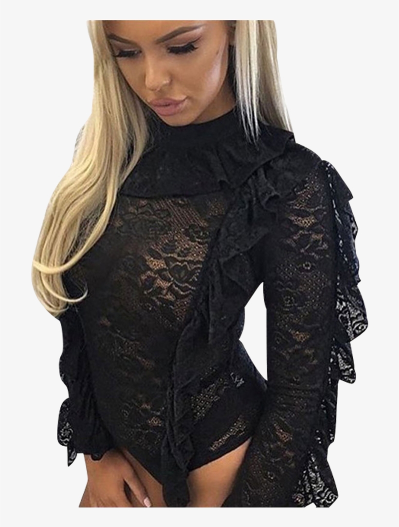 Black Ruffles Lace Sexy Bodysuit, transparent png