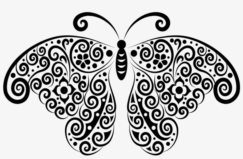 Floral Flourish Butterfly Silhouette - Black And White Butterfly Silhouette, transparent png