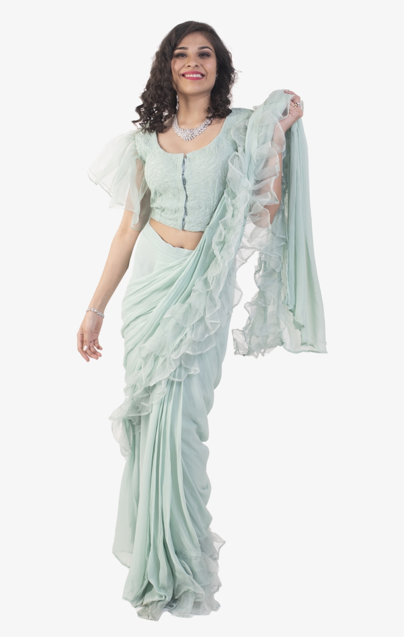 Mint Ruffle Concept Saree - Sari, transparent png