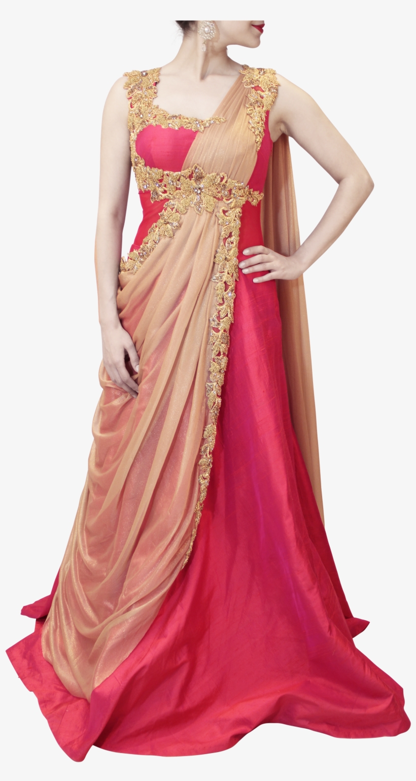 Gold And Pink Saree Gown - Gown, transparent png