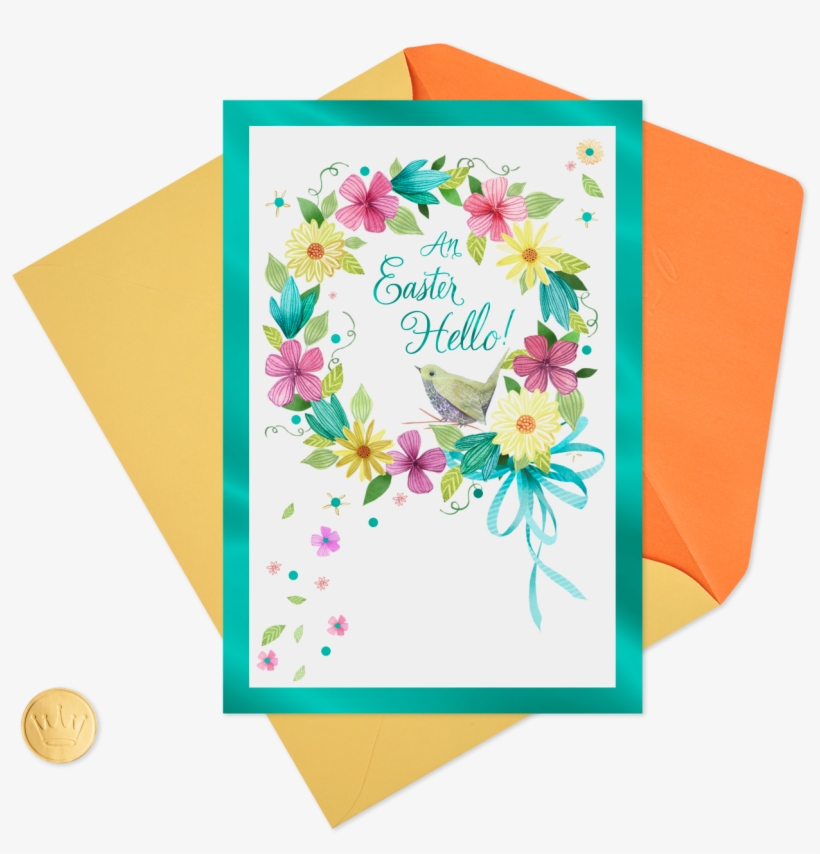 Bird And Spring Floral Wreath Easter Card - Greeting Card, transparent png