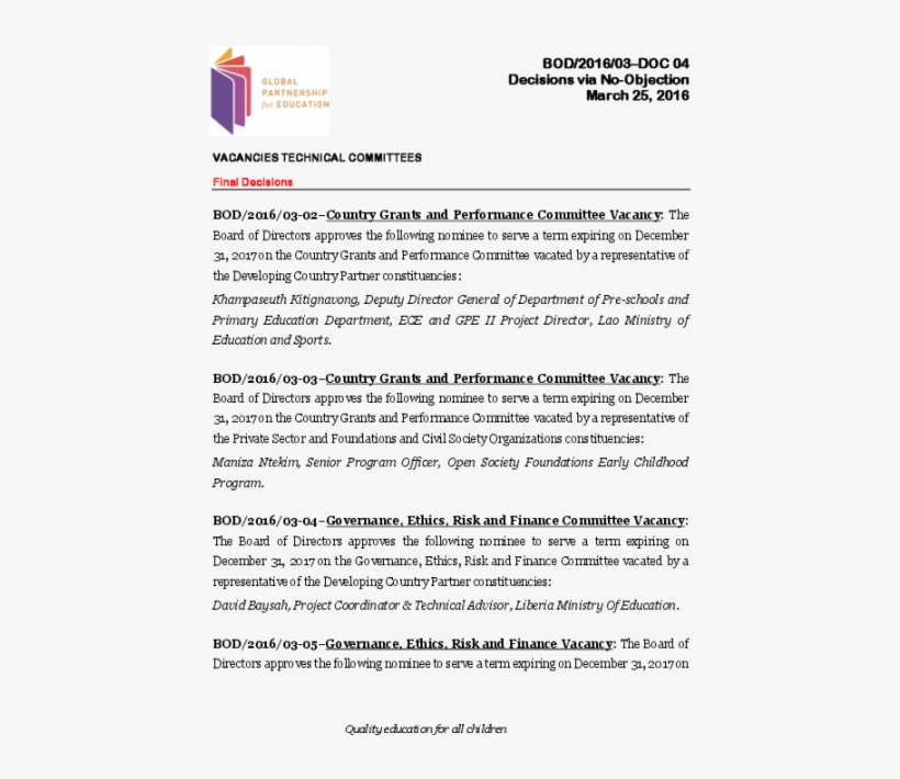 Board Decision On The Technical Committees' Vacancies - Global Partnership For Education, transparent png
