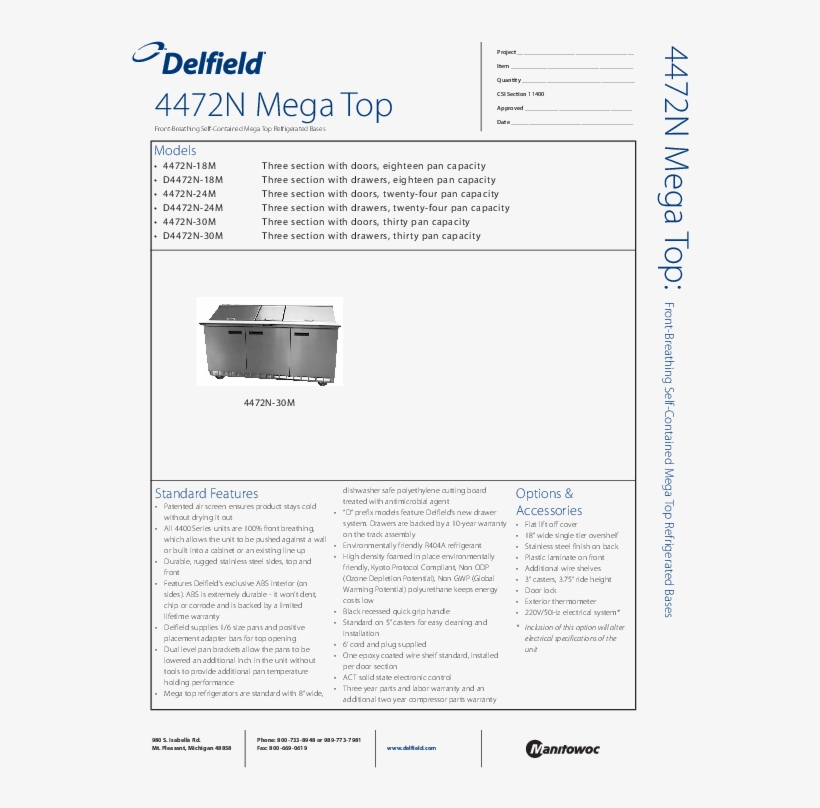Download Spec Sheet - Delfield, transparent png
