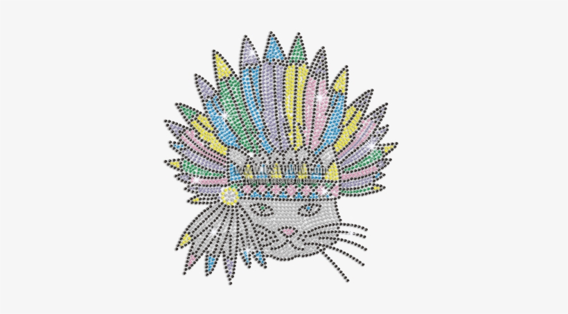 Cute Indian Cat In Colorful Feather Hat Iron-on Nailhead - Tribal Chief, transparent png