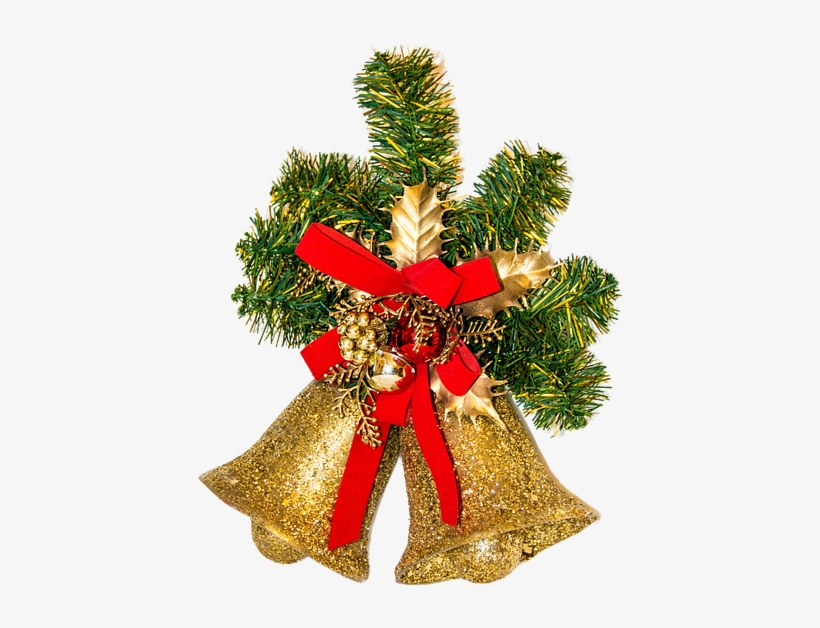 Gold Bells With Greenery And Red Ribbon - Christmas Motif, transparent png