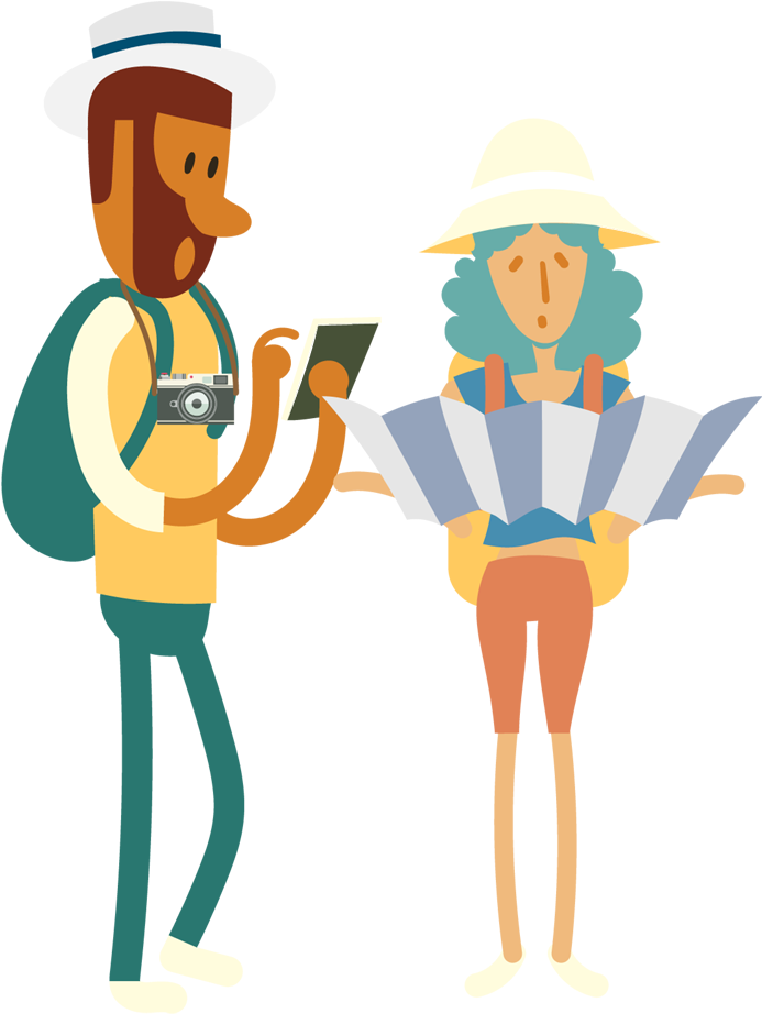 Young Couple Backpackers Traveling With Big Bags And - Asking Direction Clipart (700x930), Png Download