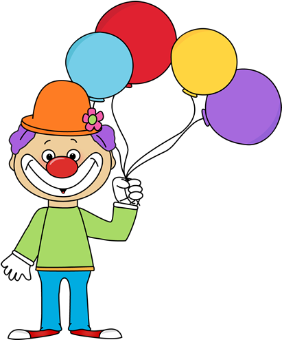 Clipart Of A Happy Family At The Carnival In The Hilltop - Clown With Balloons Clipart (410x500), Png Download