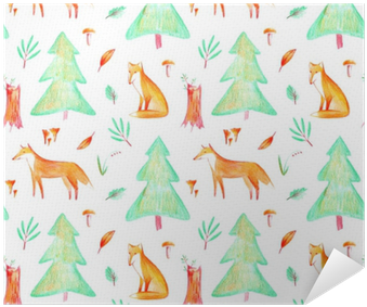Seamless Pattern Of A Fox, Plants, Spruce And Mushroom - Watercolor Painting (400x400), Png Download