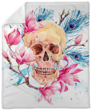 Watercolor Human Skull And Pink Flowers Magnolia Plush - Beddinginn Blooming Flower On Skull Print 3d 5pcs 100% (400x400), Png Download