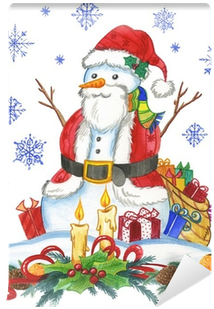 Snow Man In Santa Claus Dresses, Watercolor Wall Mural - Santa Claus (400x400), Png Download