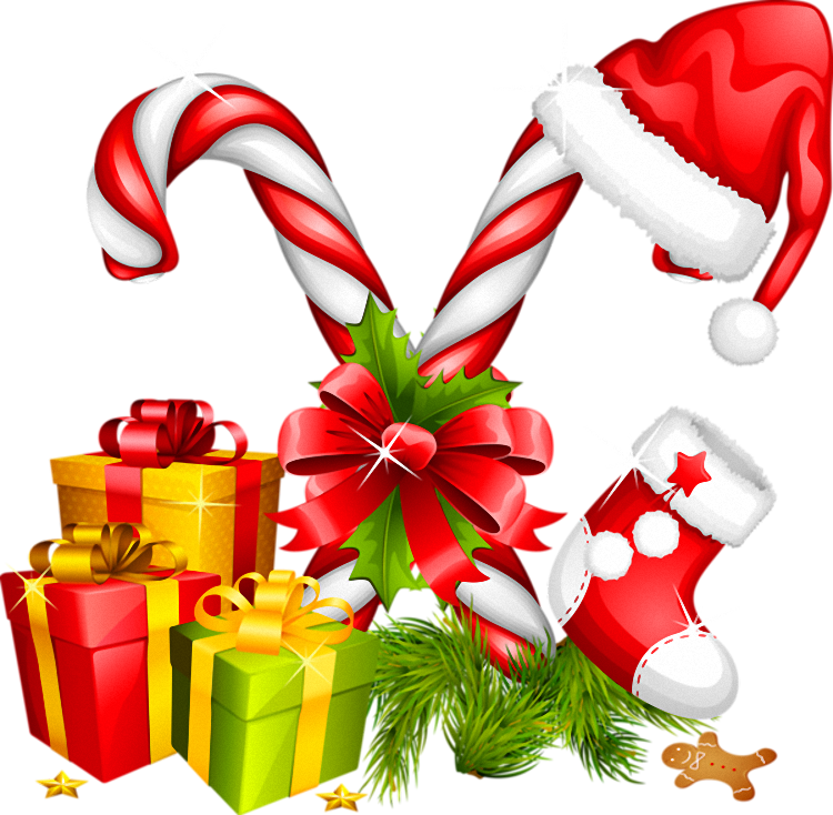 Santa Hat Gifts And Candy Canes Christmas Decoration - Christmas Gifts Png (750x734), Png Download