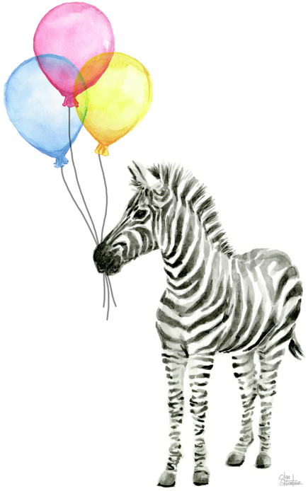 Zebra Watercolor With Balloons Onesie For Sale By Olga - Watercolor Animal With Balloon (464x700), Png Download