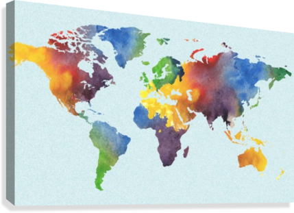 Bright Watercolor Map Of The World Canvas Print - World Map Watercolor Painting (429x311), Png Download