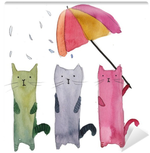 Three Cats In The Rain Watercolor Illustration Wall - Watercolor Painting (400x400), Png Download