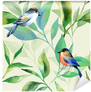 Seamless Pattern With Tea Leaves And Birds In Watercolor - Watercolor Painting (400x400), Png Download