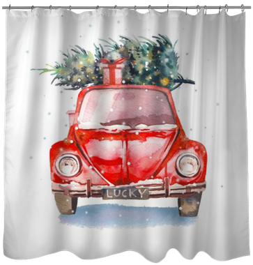 Watercolor Retro Car With Gift Box And Christmas Tree - Christmas Day (400x400), Png Download