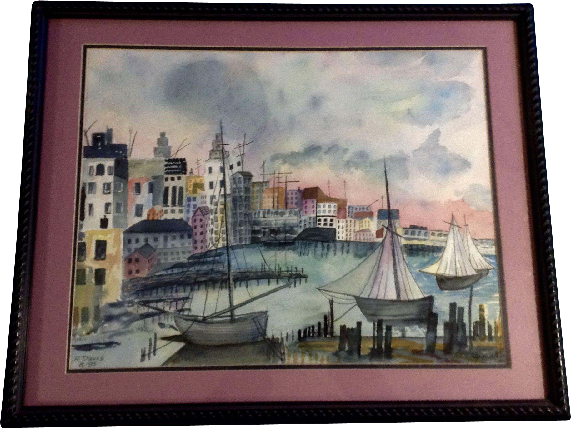 R Daves, Watercolor Painting Harbor Cityscape Works - Watercolor Painting (1826x1826), Png Download