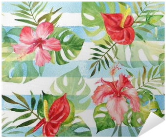 Seamless Pattern With Watercolor Tropical Flowers And - Printing (400x400), Png Download