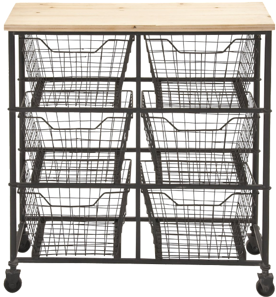 Wood Cart With Wire Baskets - Studio 350 Iron And Wood 6-bin Storage Cart, Black (705x726), Png Download