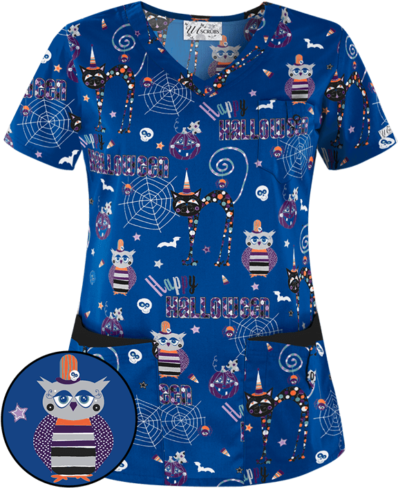 Ua638rhh - Ua Happy Halloween Royal Rounded V-neck Print Scrub (600x720), Png Download