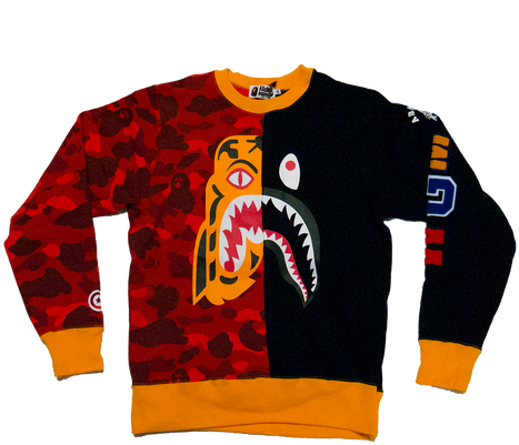Men's Bape Camo Shark Jaw Half Tiger Pattern Face A (498x538), Png Download