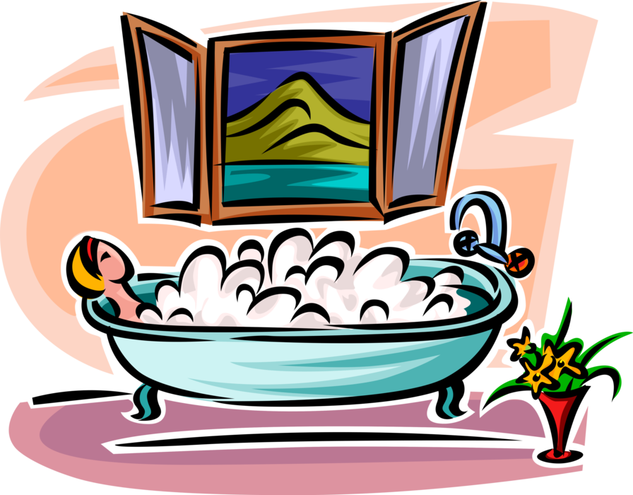 Vector Illustration Of Woman In Bathroom Enjoys Relaxing (896x700), Png Download