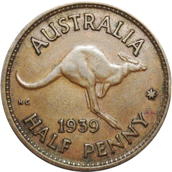 Scarce 1939 Australian Halfpenny Kangaroo Reverse Very - Coin (600x600), Png Download