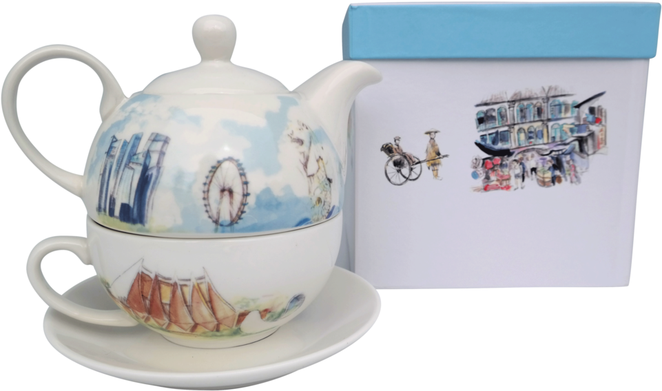 Download Singapore Themed Teapot Set Ceramic Full Size PNG Image