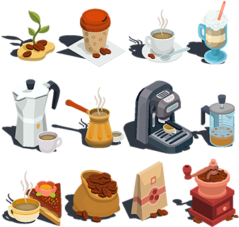 Set Of Vector Isometric Coffee Icons, Stickers, Prints, - Coffee (360x360), Png Download