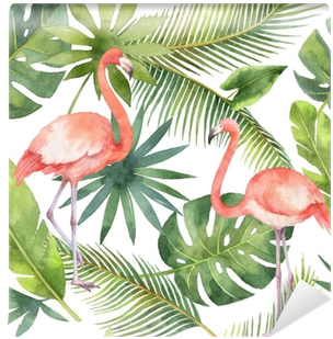 Watercolor Seamless Pattern Of And Palm Trees - Flamingo Lraf Background (400x400), Png Download