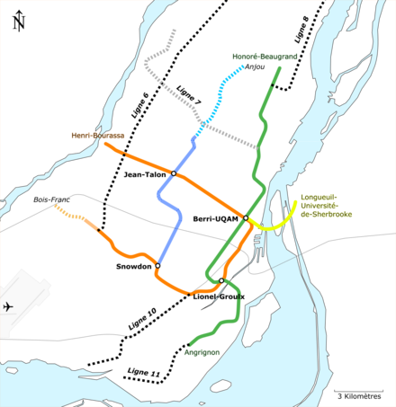 Map Of Proposed Extensions To The Montreal Metro In - Montreal Metro (440x453), Png Download