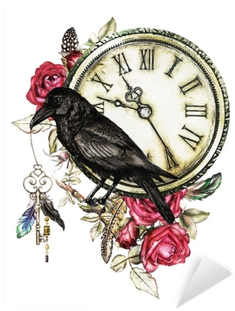 Watercolor Illustration With Crow, Red Roses, Clock, - Crow With Flowers (400x400), Png Download