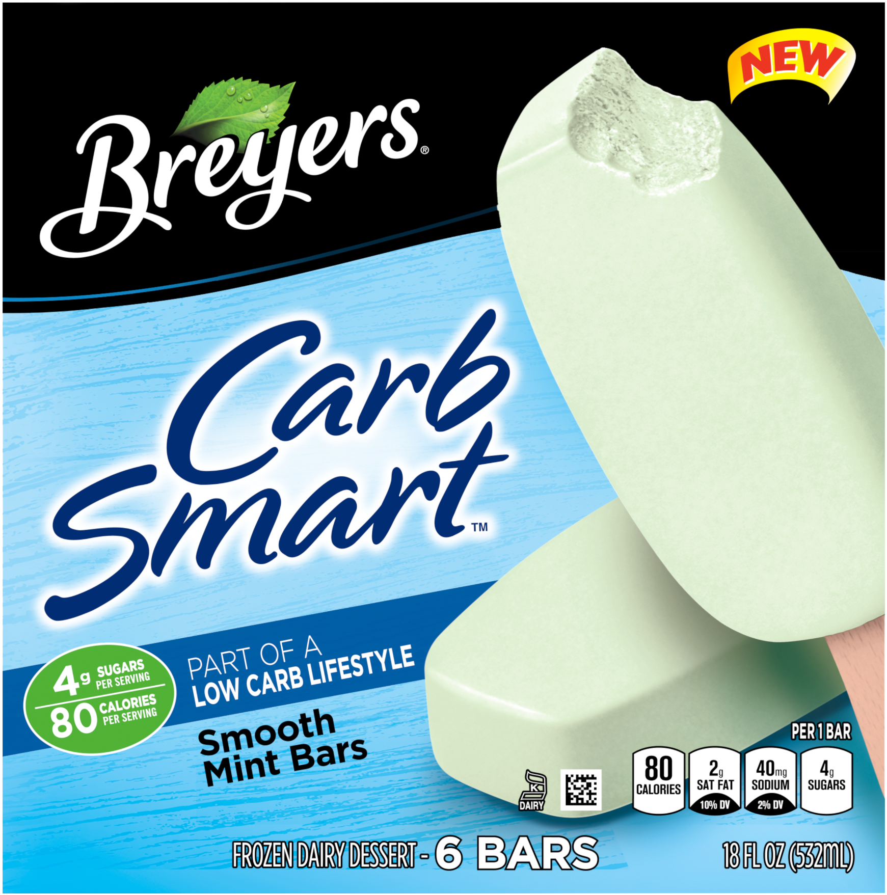 A 6 Pack Carton Of Breyers Carbsmart Smooth Mint Bar - Breyers Light Ice Cream, Chocolate, Lactose Free - (1960x1960), Png Download