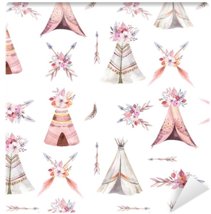 Hand Drawn Watercolor Tribal Teepee Seamless Pattern, - Tipi (400x400), Png Download