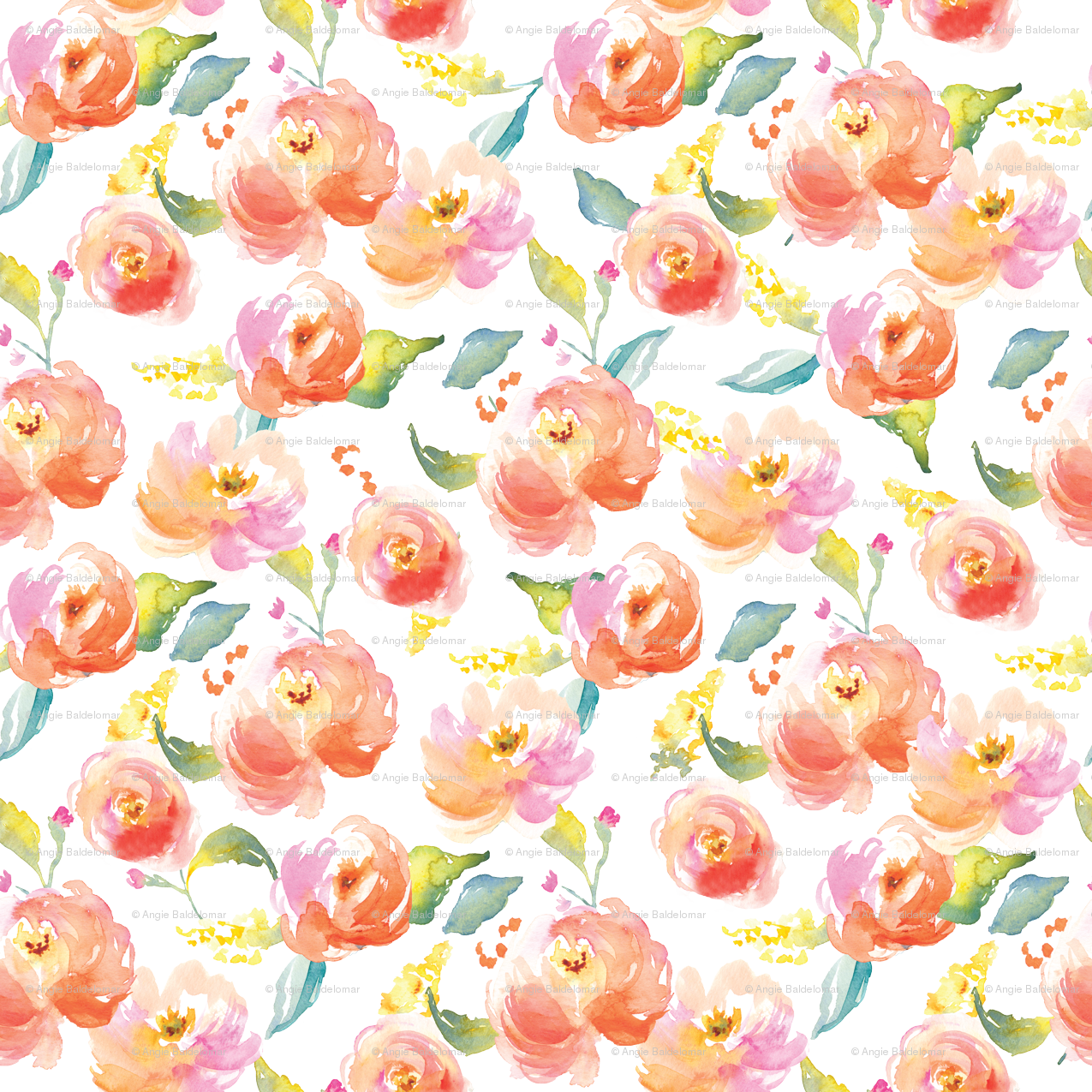 Flowers Fabric - Red Andpink Watercolor Flowers Custom (1275x1275), Png Download