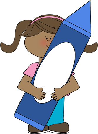 Girl Holding A Blue Crayon Clip Art - Girl With Crayon Clip Art (332x450), Png Download